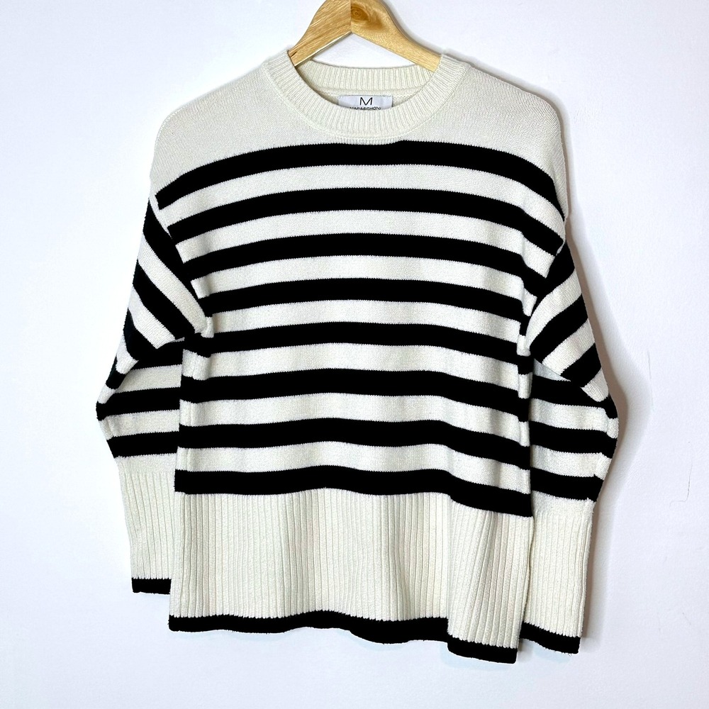 Magaschoni Striped Sweater XS White Black Viscose Blend‎ Knit Top